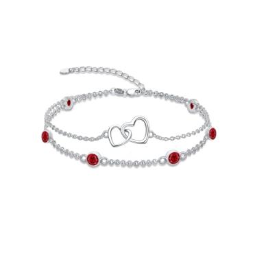 Imagem de Dorunmo Pulseira de pedra do mês de nascimento de coração para mulheres prata esterlina 925 joias de aniversário presentes para mulheres esposa, Anklet 9"-11", Prata esterlina, Base