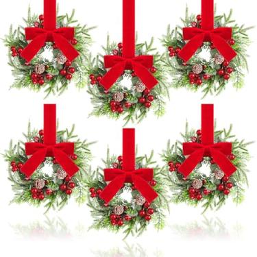 Imagem de Dingion 6 grinaldas de armário de Natal, guirlanda de 22 cm, mini janelas falsas com fita vermelha, guirlandas verdes artificiais para decoração de parede de lareira, porta da frente, varanda