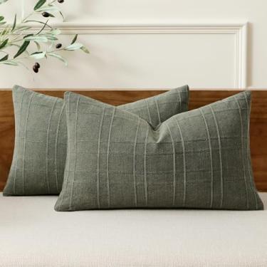 Imagem de MIULEE Capas de almofada decorativas de linho xadrez Lumar Neutro Farmhouse Vintage 30,5 x 50,8 cm Conjunto de 2 boho decoração de casa moderna para sofá, sofá, quarto, almofada, cadeira, verde-oliva