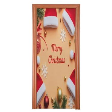 Imagem de Wassud Capa de porta de Natal para decoração de banner 91 x 242 cm, chapéus de Papai Noel, capa elástica para porta interna para varanda e porta da frente