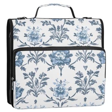 Imagem de CEBUGI Fichário de 3 anéis com zíper com alça de ombro, pasta de arquivo expansível de 3,8 cm, anéis D, para escola, escritório, buquê azul retrô