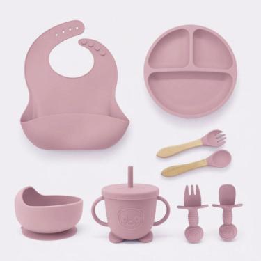 Imagem de Kit Refeição 8 peças Alimentação do Bebê SiliconeTalheres com Ventosa Canudo Babador Cata migalha