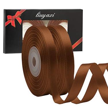 Imagem de Fita de cetim marrom com face dupla de cor sólida 0,6 cm x 50 metros, fitas perfeitas para artesanato, decoração de casamento, fabricação de laços, costura, embalagem de presente e mais