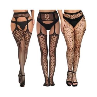 Imagem de Meia-calça Feminina Sexy De Rede Até a Coxa, 3 Peças, Com Padrão Vazad