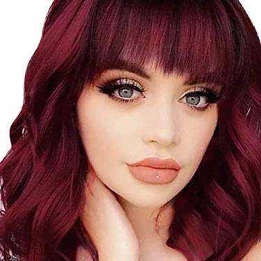 Imagem de Yinhing Perucas Curtas Onduladas Vinho Tinto Com Bang Calor Sintético Macio Olhando Encaracolado Bob Peruca para Festa Trabalho Diário