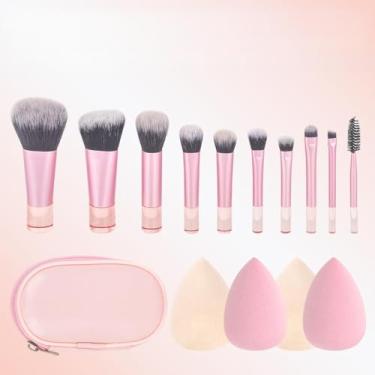 Imagem de Pincéis de maquiagem, kit de pincéis sintéticos, base em pó, corretivo, blush, marca-texto, conjunto de pincéis com 4 peças de esponja de maquiagem e bolsa de cosméticos para mulheres