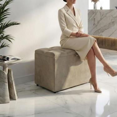 Imagem de Puff Baú Organizador Atena Estofado Capitonê Veludo Bege - ARKELL, Beg