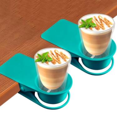 Imagem de 2 peças de clipes de suporte de copo de bebida, Kalolary Suporte de copo de borda de mesa, clipe de suporte de caneca de café, clipe de suporte de copo de garrafa de mesa versátil clipe de copo lateral de mesa para casa, escritório e escola (azul)