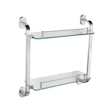 Imagem de Prateleira de vidro de banheiro de alumínio 2 camadas de vidro temperado retangular dupla camada grossa rack montado na parede