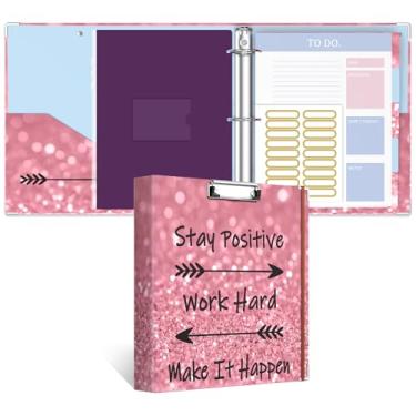 Imagem de Fichário de 3 anéis, fichário redondo de 5 cm com prancheta, abas divisórias, mangas de bolsa com zíper de PVC e planejadores de listas de tarefas, fichário decorativo para mulheres, homens, escola,