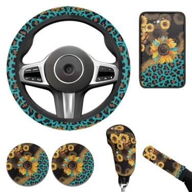 Imagem de WUYOJUXA Conjunto de capa de volante de carro com estampa de girassol para homens e mulheres, acessórios automotivos com estampa de leopardo, 6 peças, capa de apoio de braço de carro, capa de freio de