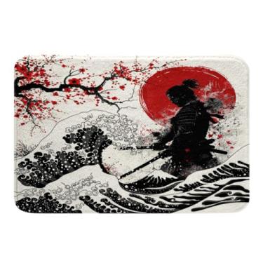 Imagem de Feelyou Samurai Japonês Tapetes de Banheiro 40,6 cm x 61 cm Crianças Ondas Japonesas Tapetes de Banho para Banheira de Chuveiro para Meninos Meninas Adolescentes Flores de Cerejeira Tapetes de Banho