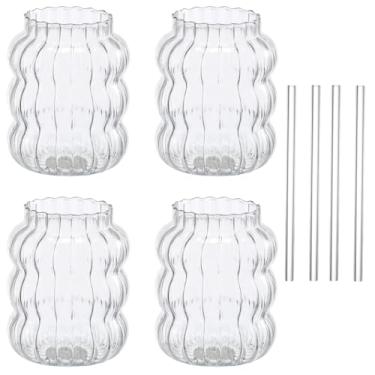 Imagem de 4 copos de vidro canelados, copos vintage de 595 g com canudos de vidro, copos ondulados, copos de café gelado, copos de bolhas para café gelado, suco, bebidas, leite, coquetéis, chá de bolhas