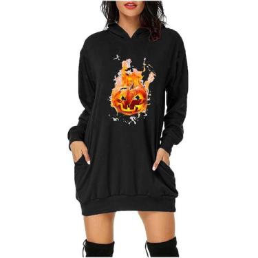 Imagem de Moda casual feminina Halloween estampado com bolsos com capuz vestido 
