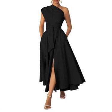 Imagem de Vestido maxi Ekaliy com cinto de um ombro preto para mulheres