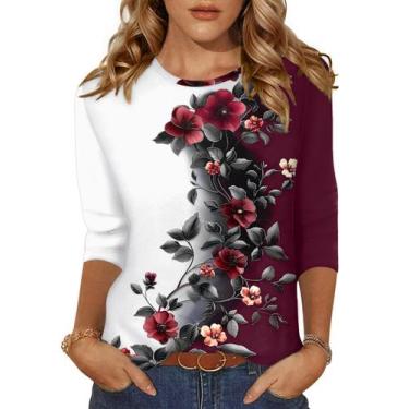 Imagem de Camiseta feminina Zeagoo com estampa floral de manga 3/4 e gola redond