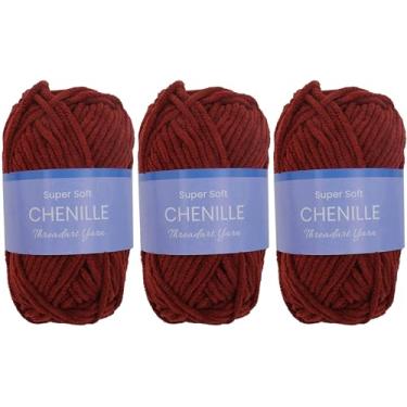 Imagem de Pacote com 3 fios de chenille Threadart para crochê, tricô, amigurumi, fio de veludo de pelúcia super macio - 50 gramas 60 metros #5 novelos fofos - Borgonha 30