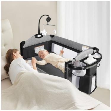 Imagem de Berço Cercado Portátil 4 em 1 com Porta Objetos e Zíper Lateral, Kinder King, Cinza e Preto