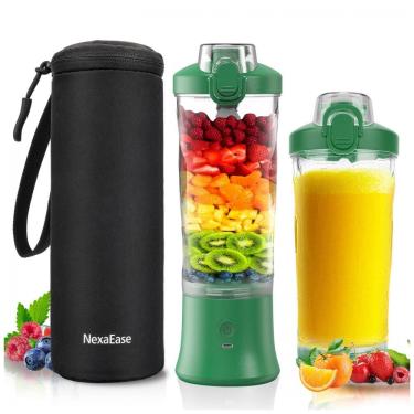 Imagem de Liquidificador portátil NexaEase 600ml verde com capa térmica preta recarregável USB-C para shakes e smoothies
