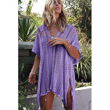 Imagem de Tingpai 2022 verão Amazon t nsfronteiriça blusa de cor sólida blusa de biquíni de malha de p ia, roupas de férias 色 roxo claro 均码