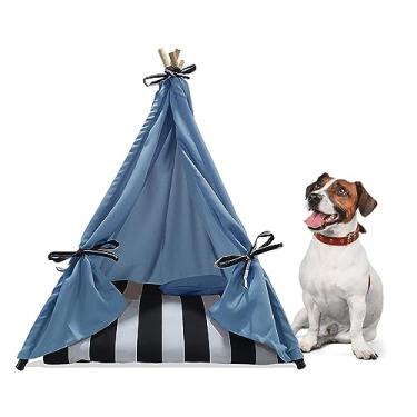 Imagem de Cabana Oca de Indio para Cachorro Tenda Madeira Colchão Listrado Tamanho G 85x105cm Azul Claro Pet Best Soluções