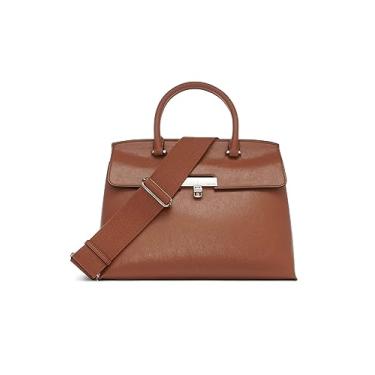 Imagem de Calvin Klein Bolsa feminina Becky Turn Lock – 2 em 1, couro vegano, 3 bolsos, Caramelo encerado, One Size