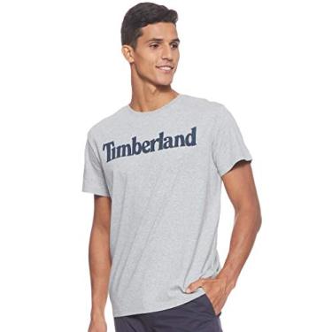 Imagem de Timberland Camiseta masculina de algodão orgânico com logotipo linear de manga curta, Cinza mesclado/logotipo azul-marinho, G