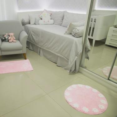 Imagem de Tapete De Banheiro Quarto Kids Infantil Bebê Algodão Redondo Vizapi Flower 60cm Rosa Claro Branco