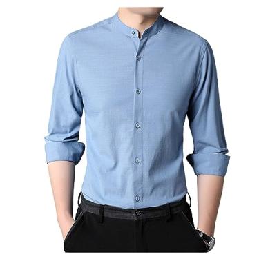 Imagem de Camisa social masculina de manga comprida lisa, com botões, respirável, confortável, leve, Azul claro, 3G