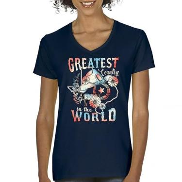 Imagem de Camiseta feminina com decote em V Greatest Country in The World Cowgirl Cowboy Girlfriend Southwest Rodeo Country Western Rancher, Azul marinho, XXG
