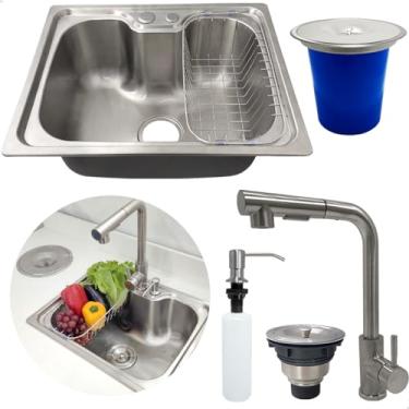 Imagem de Dona D Cor, Kit Cozinha Cuba Gourmet Inox 304 50x40 Torneira 90° Monocomando Lixeira De Embutir 5L Porta Detergente 500ml Valvula E Sifão Kit Completo 6 Peças