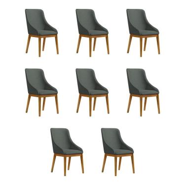 Imagem de Kit 8 Cadeiras De Jantar Luxo Estofada Elisa Anatômica Linho Cinza Escuro Base Madeira Maciça