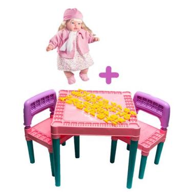 Imagem de Kit Mesa Didática Infantil + Boneca Rose Ring Clássica Rosa - Tritec e