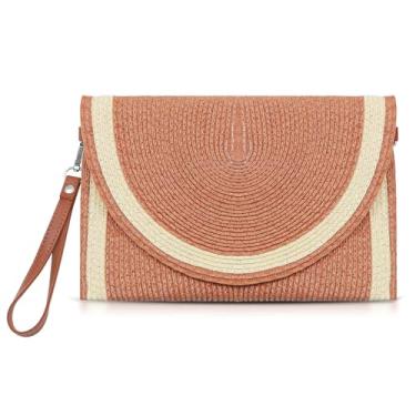 Imagem de QTKJ Bolsas clutch de palha, pacote envelope boêmio feito à mão, bolsas transversais, pulseiras de couro, bolsas de praia de verão adequadas para férias viagens diárias combinando (marrom), Marrom,