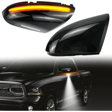 Imagem de EMIHO Luz de sinal de mudança de espelho lateral dinâmico sequencial de LED compatível com Dodge Ram 1500 2009-2018, adequado para RAM 2500 2010-2018 Lâmpada de marcador de espelho Smoked Puddle Light Assembly (2 pacotes)