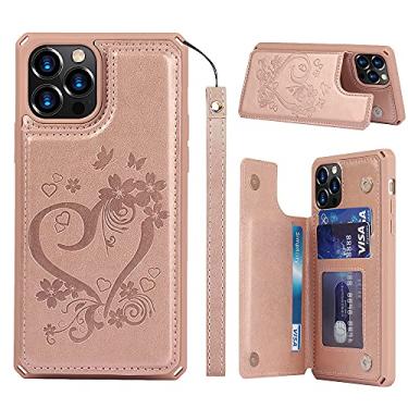 Imagem de ShunJieTech Capa para iPhone 12 Pro Max, porta-cartão de crédito e carteira com ranhura em forma de amor, capa protetora à prova de choque com alça (6,7 polegadas) - rosa