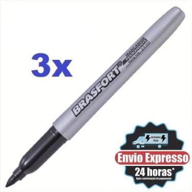 Imagem de Kit 3 Canetas Marcador Permanente Preta Ponta Fina Seca Rapido - BRASF