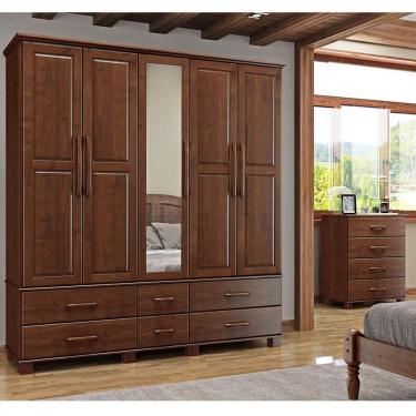 Imagem de Conjunto Quarto: Guarda-Roupa Casal 5 Portas 6 Gavetas, Cômoda 4 Gavetas Ouro Café Madeira Pinus - Finestra