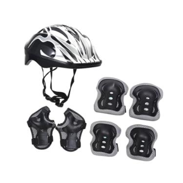 Imagem de simhoa Capacete infantil de bicicleta com joelheiras, engrenagem portátil, skate, capacete de bicicleta para skate, patinação em linha, multiesportes, Preto Prateado