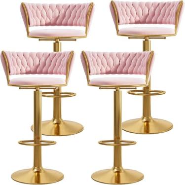 Imagem de Banco de bar de veludo giratório 360° conjunto de 4 bancos de bar modernos com altura ajustável com encosto e apoio para os pés bancos de bar luxuosos para ilha de cozinha, café, pub, dourado,