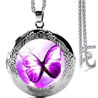 Imagem de DianaL Boutique Colar com pingente de medalhão de borboleta roxa em tom prateado com corrente de aço inoxidável de 61 cm, Vidro
