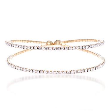 Imagem de NTLX Pulseira de cristal feminina – Pulseira com strass – banhada a prata e ouro – flexível e ajustável – duas fileiras – noiva, casamento, baile, festa, concurso, noite, casual, pulseira – com caixa