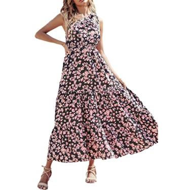 Imagem de PRETTYGARDEN Vestido maxi floral de verão feminino com nó de um ombro único sem mangas com babados e babados, Preto, rosa, M