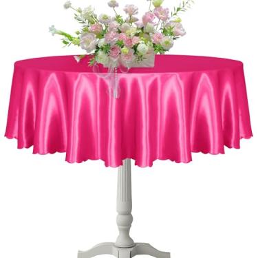 Imagem de KKJIAF 1 pacote com toalha de mesa redonda de 1,5 m, toalha de mesa rosa choque de cetim para mesas redondas, toalha de mesa meia redonda de cetim sedoso para mesa de jantar de casamento, buffet,