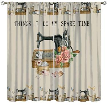Imagem de Cortina temática de costura, máquina de costura, padrão de flor rosa, cortinas de tratamento de janela para quarto, café, sala de jantar, escritório, sala de estar, cozinha, cortinas, decoração de