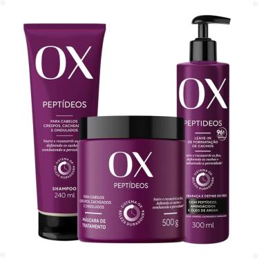 Imagem de Kit OX Peptídeos Cabelos Crespos, Cacheados e Ondulados: Shampoo 240ml, Máscara de Tratamento 500g e Leave-In 300g  
