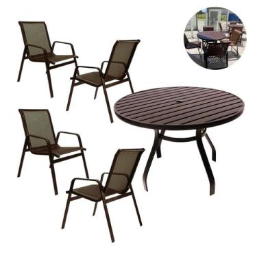 Imagem de Conjunto de Mesa 1,20m Ripada + 4 Cadeiras Tela Sling e Aluminio Pisci