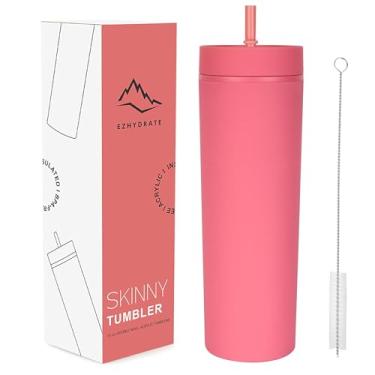 Imagem de Ezhydrate Copo fosco de 473 ml com canudo (1 pacote), copo skinny pêssego com tampa e canudo, copo preto acrílico de praia copo de plástico de parede dupla, presentes de despedida de solteira, escova