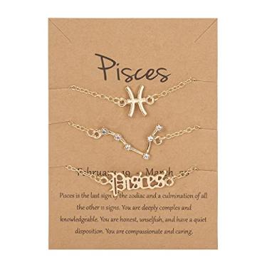 Imagem de COLORFUL BLING Conjunto de 3 pulseiras com 12 constelações de horóscopo banhado a ouro 18 quilates, signo do zodíaco, pulseiras em camadas com letras requintadas, cartão de horóscopo para mulheres,