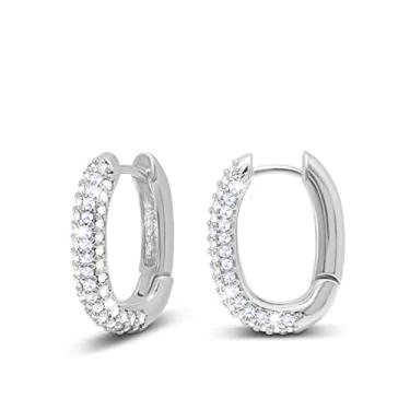 Imagem de OZEL JEWELRY & GIFT - Brincos Huggie de argola banhado a ouro amarelo ou ouro branco 14k com um conjunto de pedras CZ de zircônia cúbica para mulheres - quadrado redondo em formato de U semicircular, Latão, Zircônia cúbica